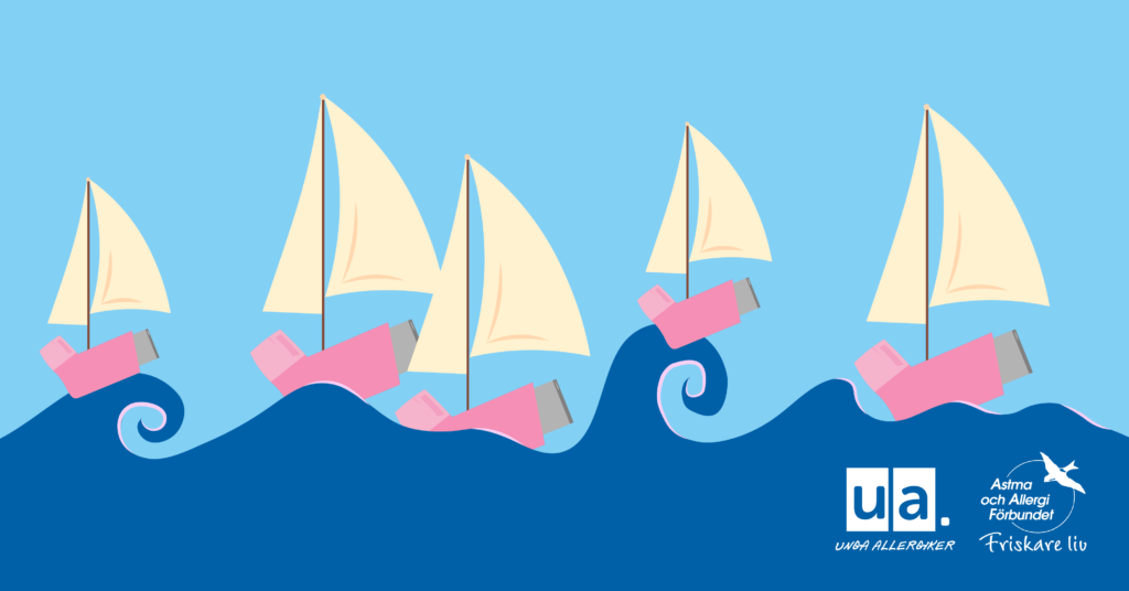 Kampanjbild. Tecknade segelbåtar i form av astmainhalatorer med segel seglar på vågor. 